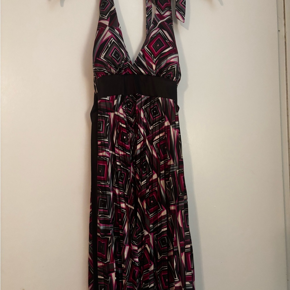Pink & Black Geometric Halter Maxi Dress | Size Medium | Pleated | Elegant